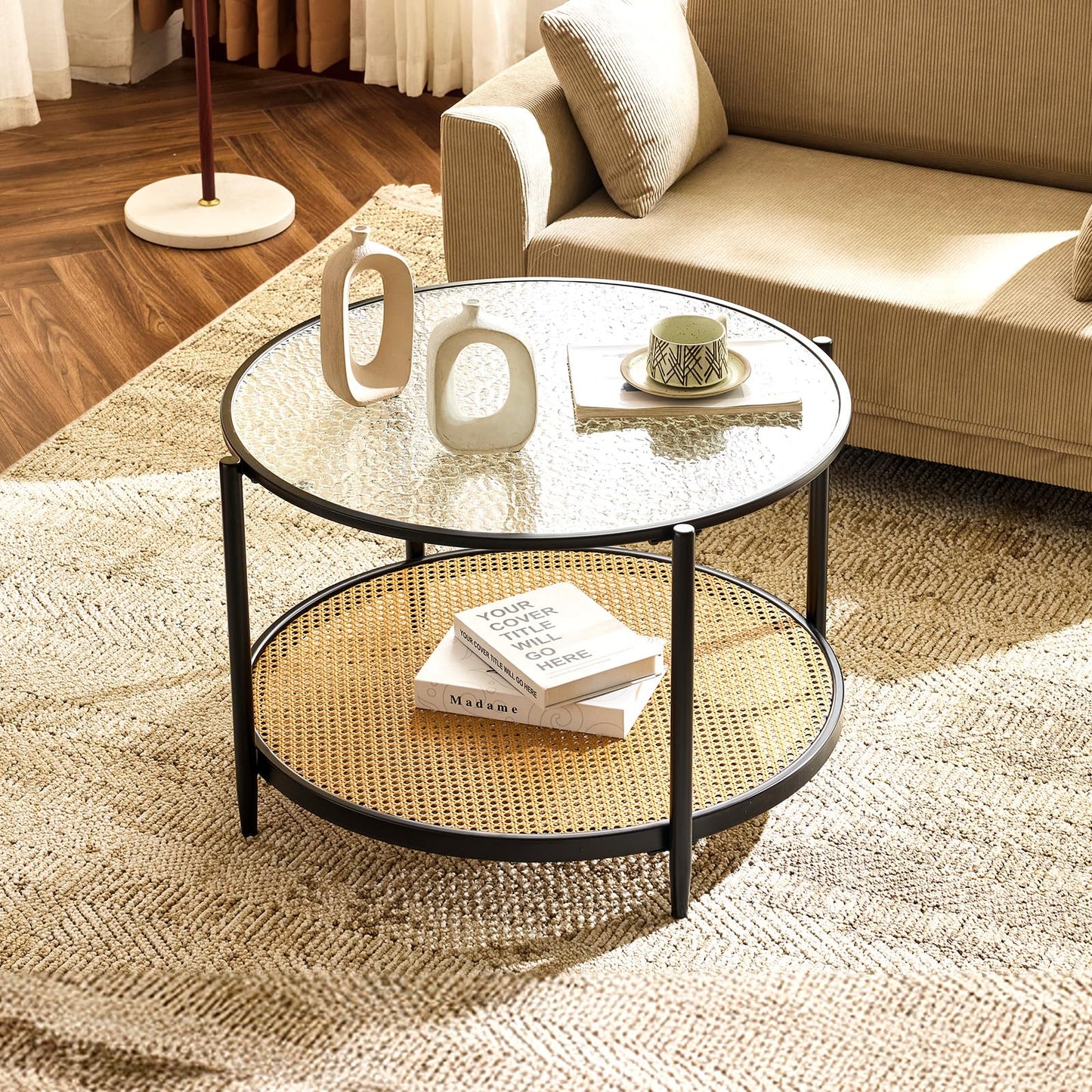 VINGLI 25.6" Rattan Coffee Table, Round Water-Wave Glass Metal Center Table, Modern Coffee Table with 2-Tier Storage, Farmhouse Circular Table for Living Room and Small Space, Natural Vibe