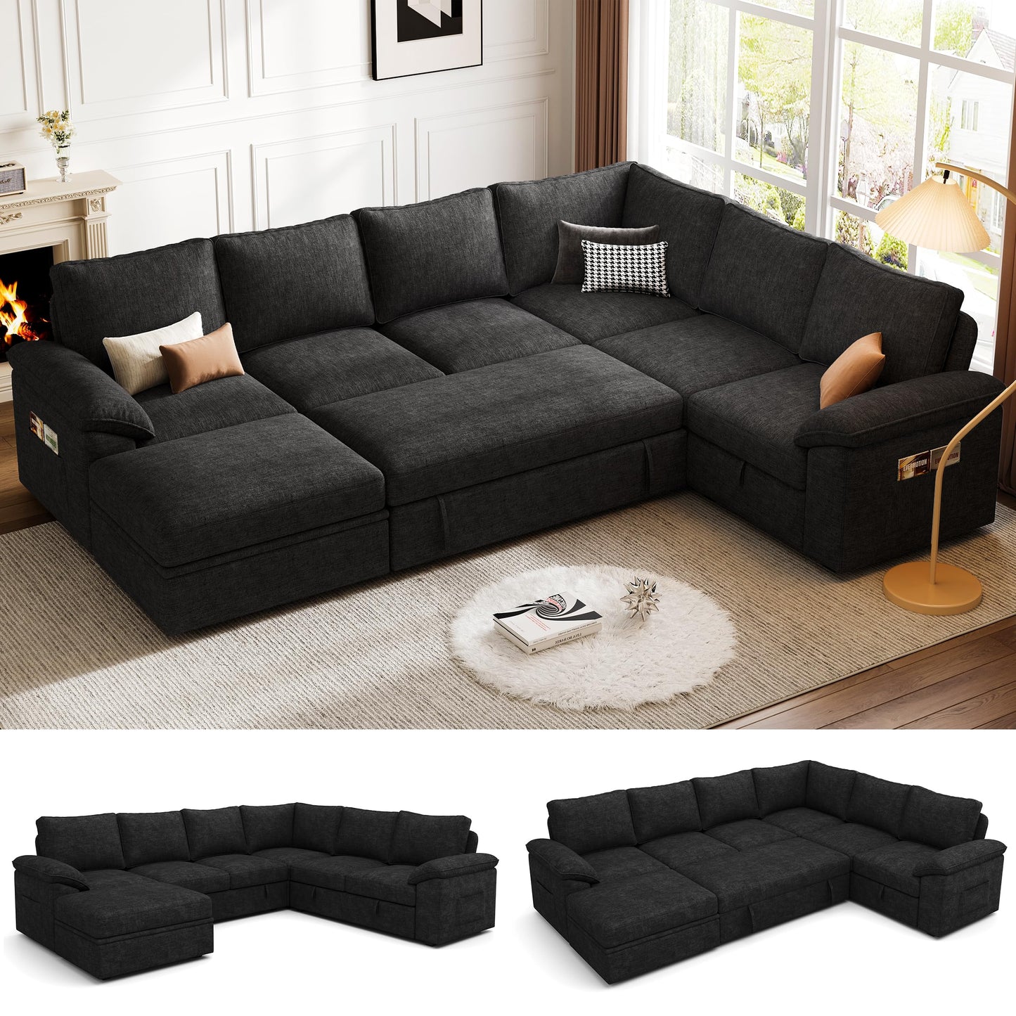 108 Inch Sectional Sleeper Sofa with Pull Out Bed, U Shaped 7 Seat Modular Sectional Sofa with Storage, Sectional Couches for Living Room, Cloud Modular Couch,Removable Sofa Cover, Dark Grey