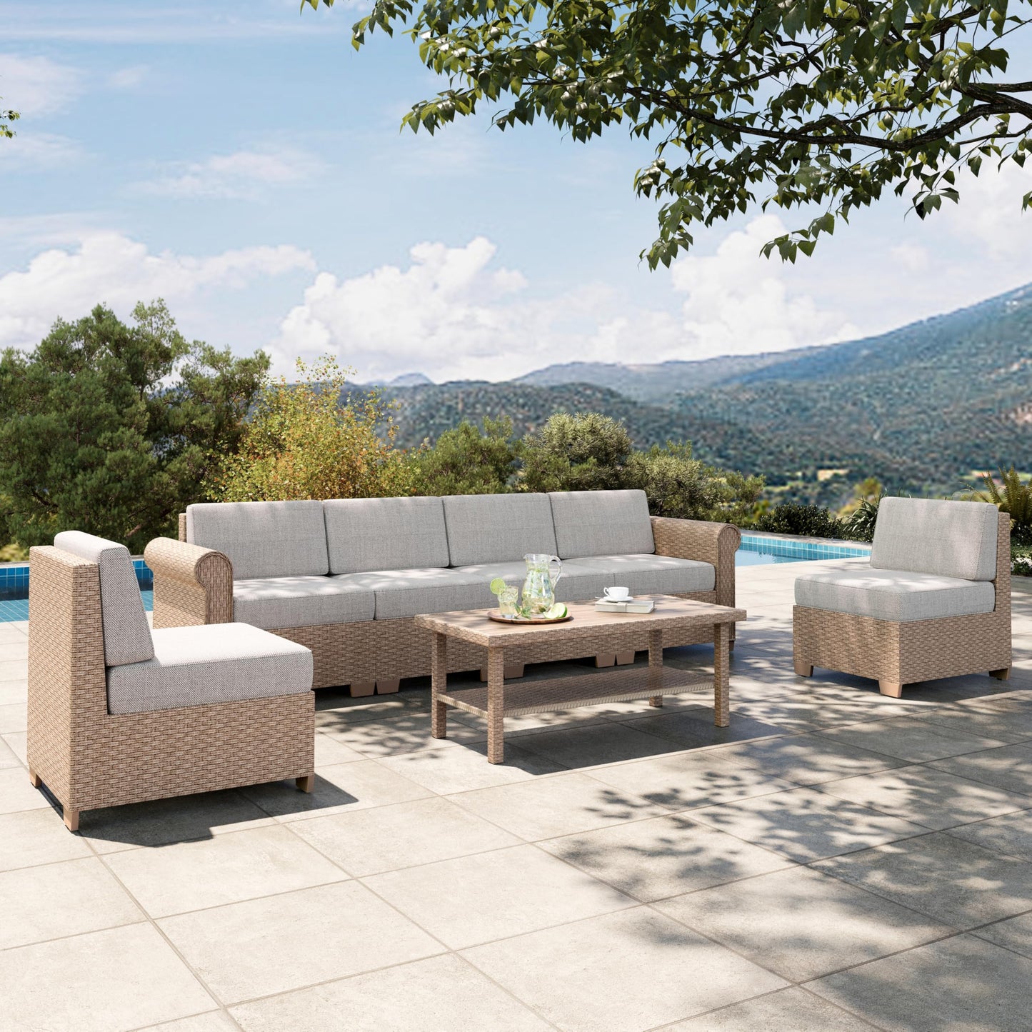 HERA'S HOUSE Patio Furniture Set, All Weather 7 Seats Outdoor Sectional Wicker Sofa with 44" Coffee Table, 5.5" Thick Waterproof Cushion 8 Piece Modular Conversation Set for Garden Deck Backyard