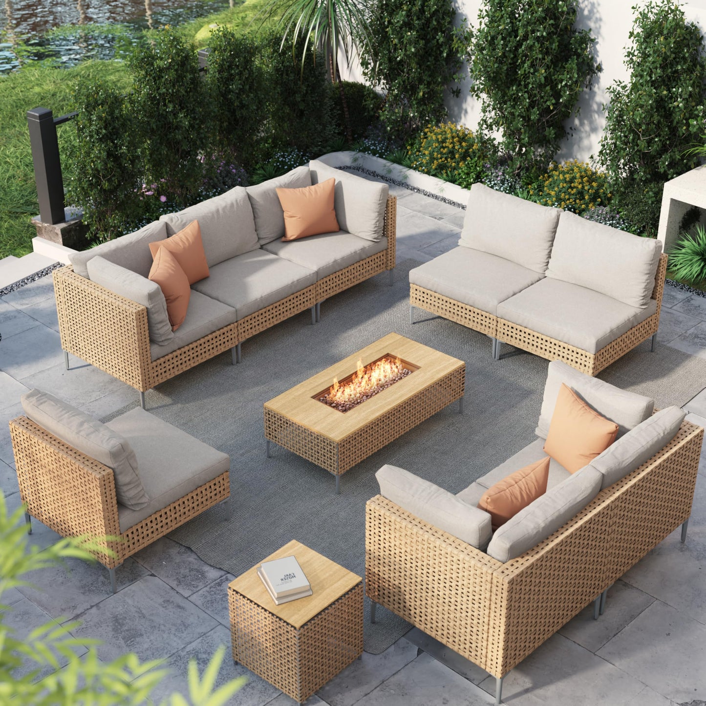 Grand patio 7-Piece Wicker Patio Furniture Set, Boho Outdoor Conversation Set Sectional Sofa with Water Resistant Thick Cushions and Coffee Table, Cream