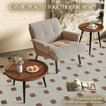 2 Pcs Mid Century Modern Coffee Table Round for Living Room,Easy Assembly Nesting Coffee Tables,Minimalist Circle Walnut Coffee Table for Bedroom Office Balcony Yard