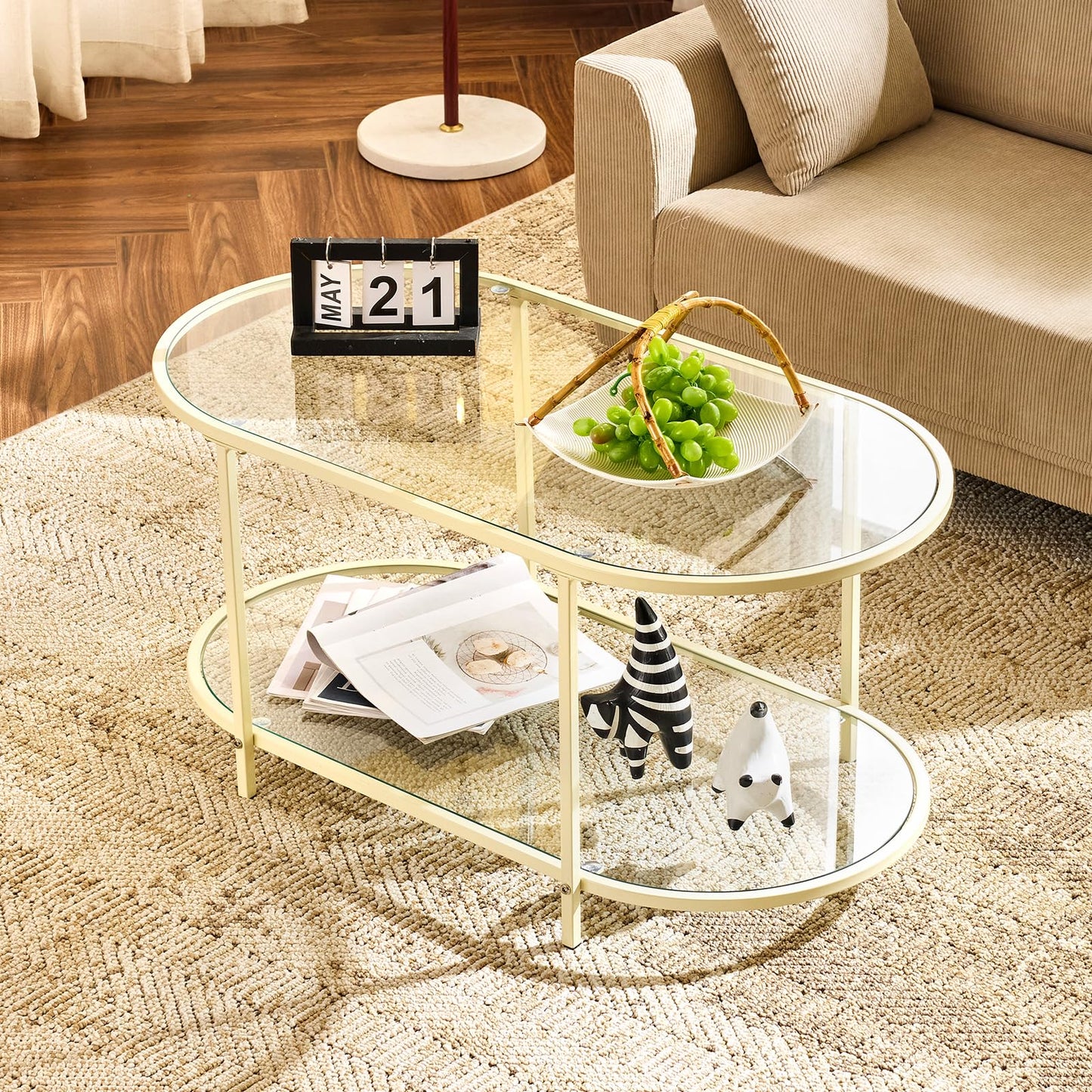 VINGLI 25.6" Rattan Coffee Table, Round Water-Wave Glass Metal Center Table, Modern Coffee Table with 2-Tier Storage, Farmhouse Circular Table for Living Room and Small Space, Natural Vibe