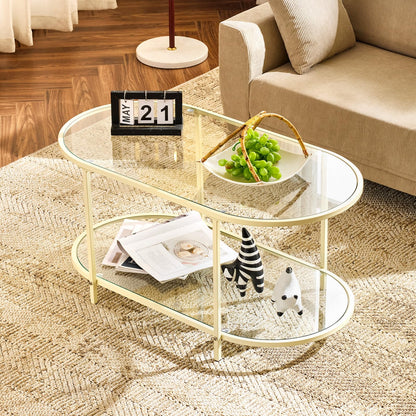 VINGLI 25.6" Rattan Coffee Table, Round Water-Wave Glass Metal Center Table, Modern Coffee Table with 2-Tier Storage, Farmhouse Circular Table for Living Room and Small Space, Natural Vibe