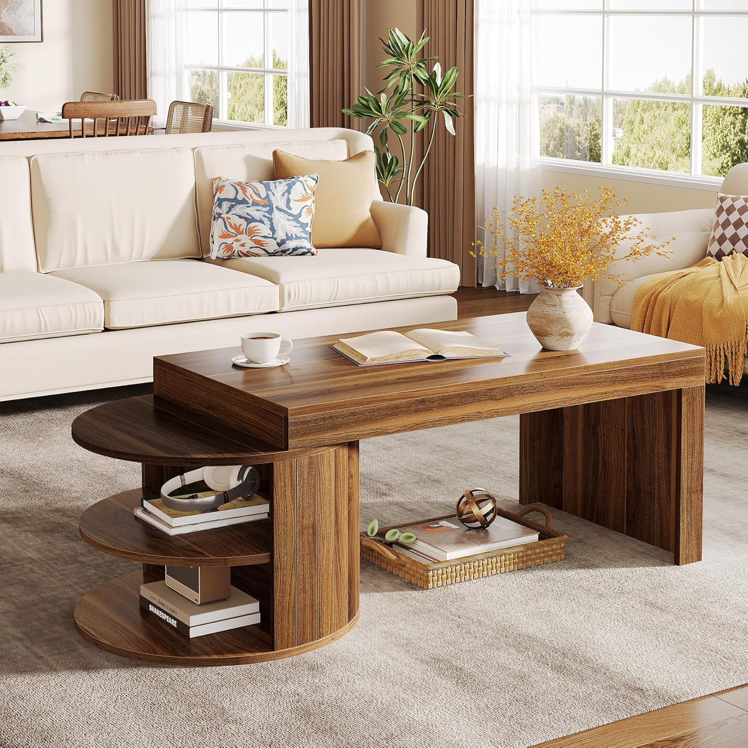 Tribesigns Coffee Table with Storage, 51-Inch Farmhouse Living Room Center Table with 3 Storage Shelves for Living Room,Home Office, Easy Assembly, Rustic Brown