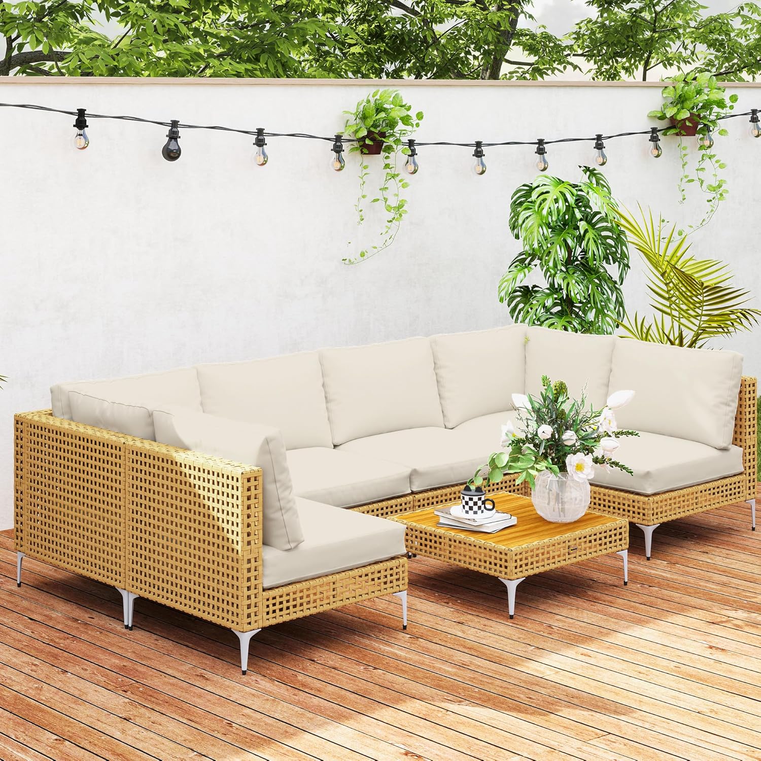 Outsunny 7 Piece Wicker Patio Furniture Set, Modular Outdoor Sectional with Thickened Cushions, Rattan Outdoor Furniture Conversation Set with Slatted Acacia Wood Table for Backyard, Khaki/Beige