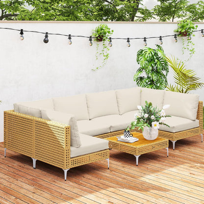 Outsunny 7 Piece Wicker Patio Furniture Set, Modular Outdoor Sectional with Thickened Cushions, Rattan Outdoor Furniture Conversation Set with Slatted Acacia Wood Table for Backyard, Khaki/Beige