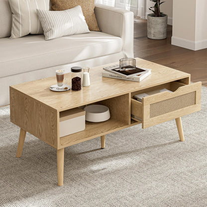 Coffee Table with Storage, Boho Dining Table with Rattan Drawer and Solid Wood Legs, Small Coffee Tables for Living Room, Walnut