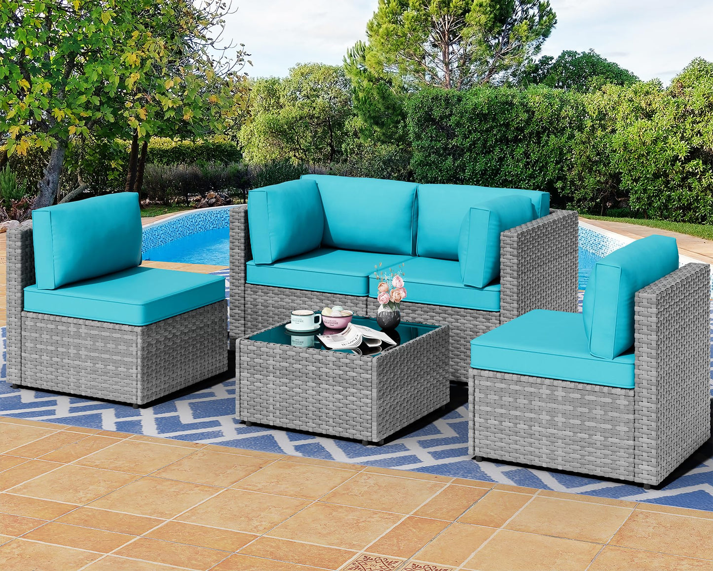 Shintenchi 5 Pieces Outdoor Patio Furniture Sets, Patio Sectional Sofa Couch, Gray PE Wicker Furniture Modular Patio Conversation Sets Patio Sofa with Washable Cushions & Table（Aegean Blue）