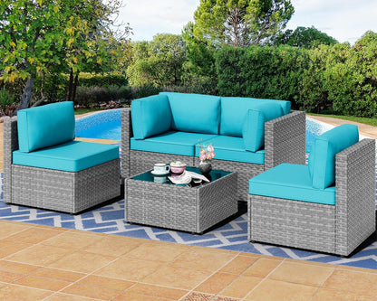 Shintenchi 5 Pieces Outdoor Patio Furniture Sets, Patio Sectional Sofa Couch, Gray PE Wicker Furniture Modular Patio Conversation Sets Patio Sofa with Washable Cushions & Table（Aegean Blue）