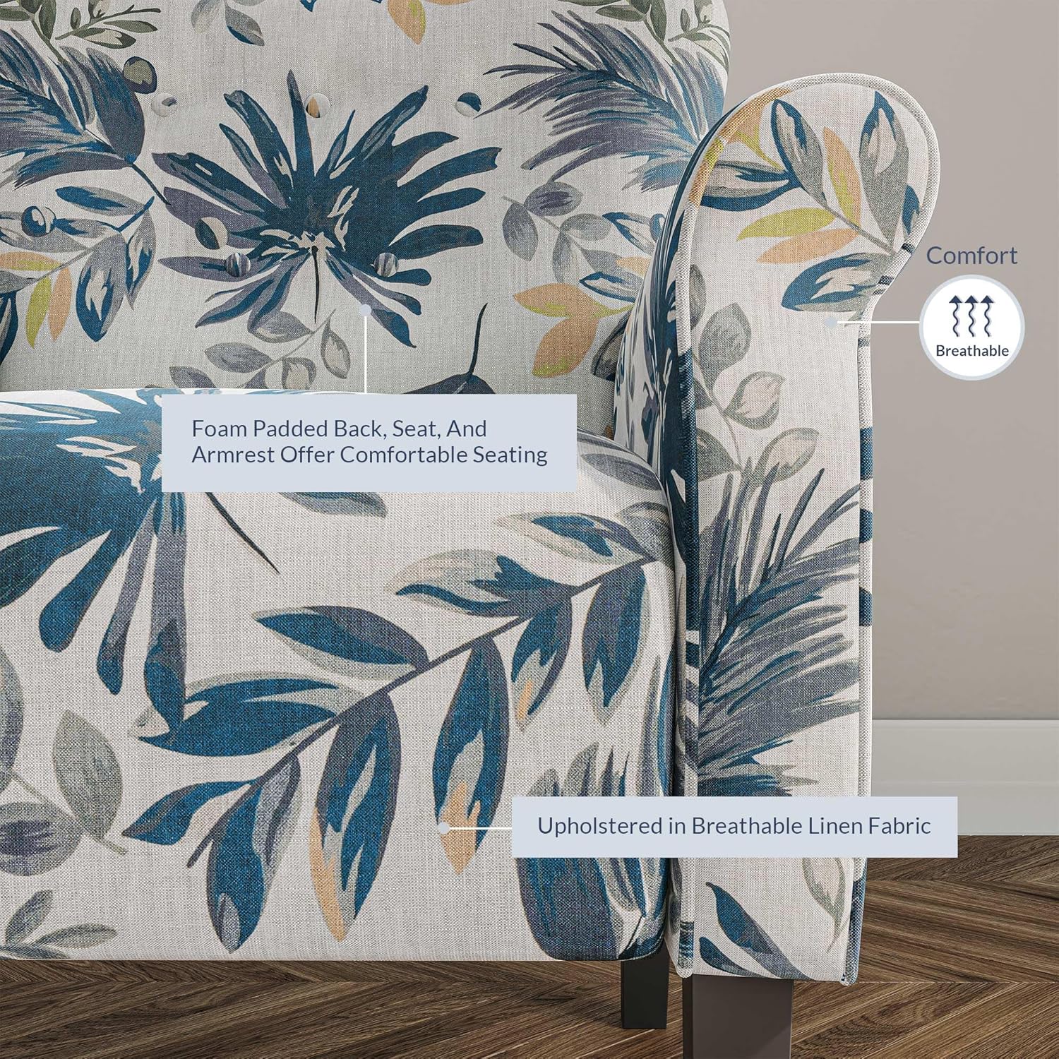 BELLEZE Modern Accent Chair, High Back Armchair, Upholstered Wingback Side Chair, Padded Single Sofa with Wooden Legs for Living Room, Bedroom - Green Blue Floral