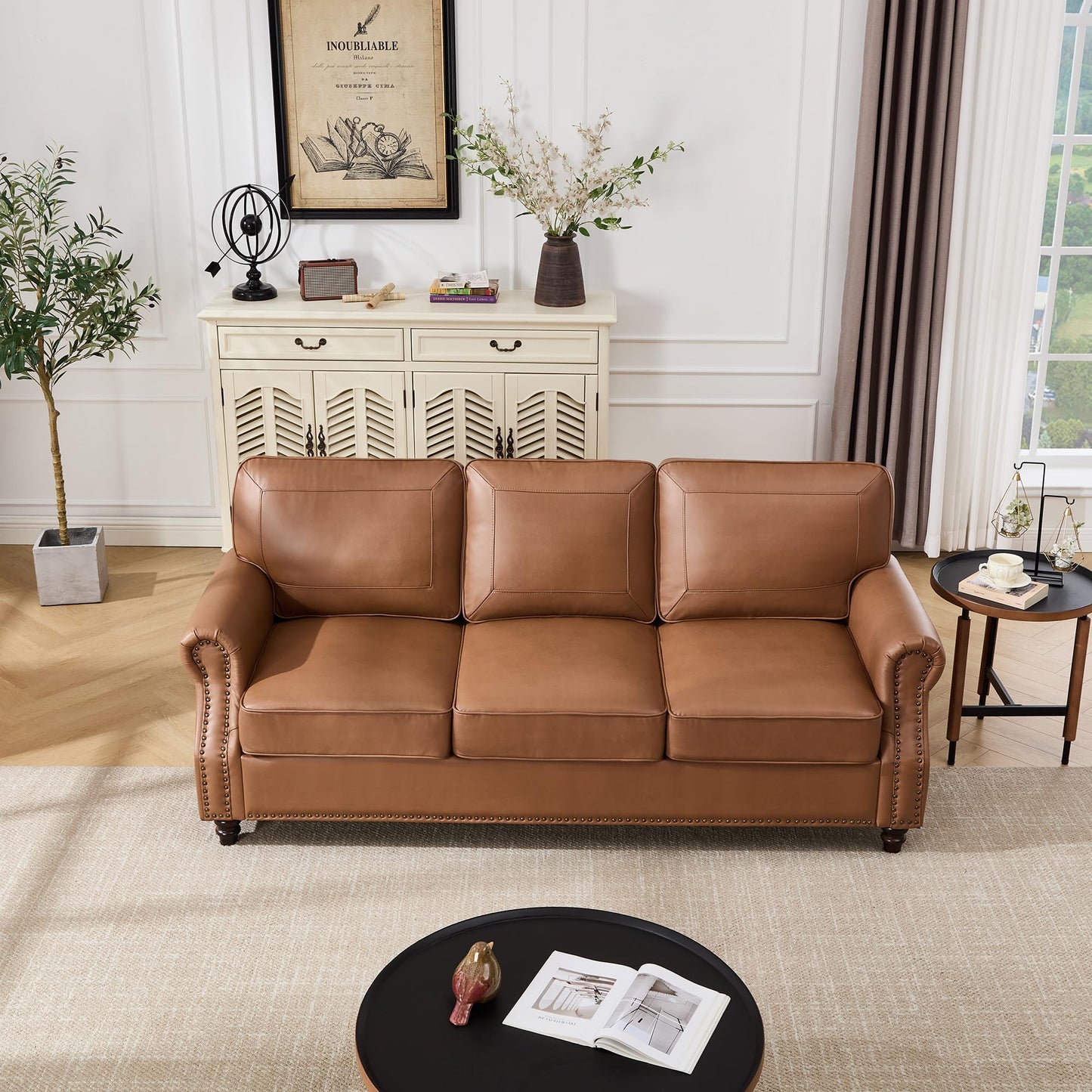 WILLOVE 79'' Faux Leather Sofas for Living Room, Mid Century Modern Couches with Rolled Arm & Nailhead Trim for Small Space, Apartment, Dark Brown
