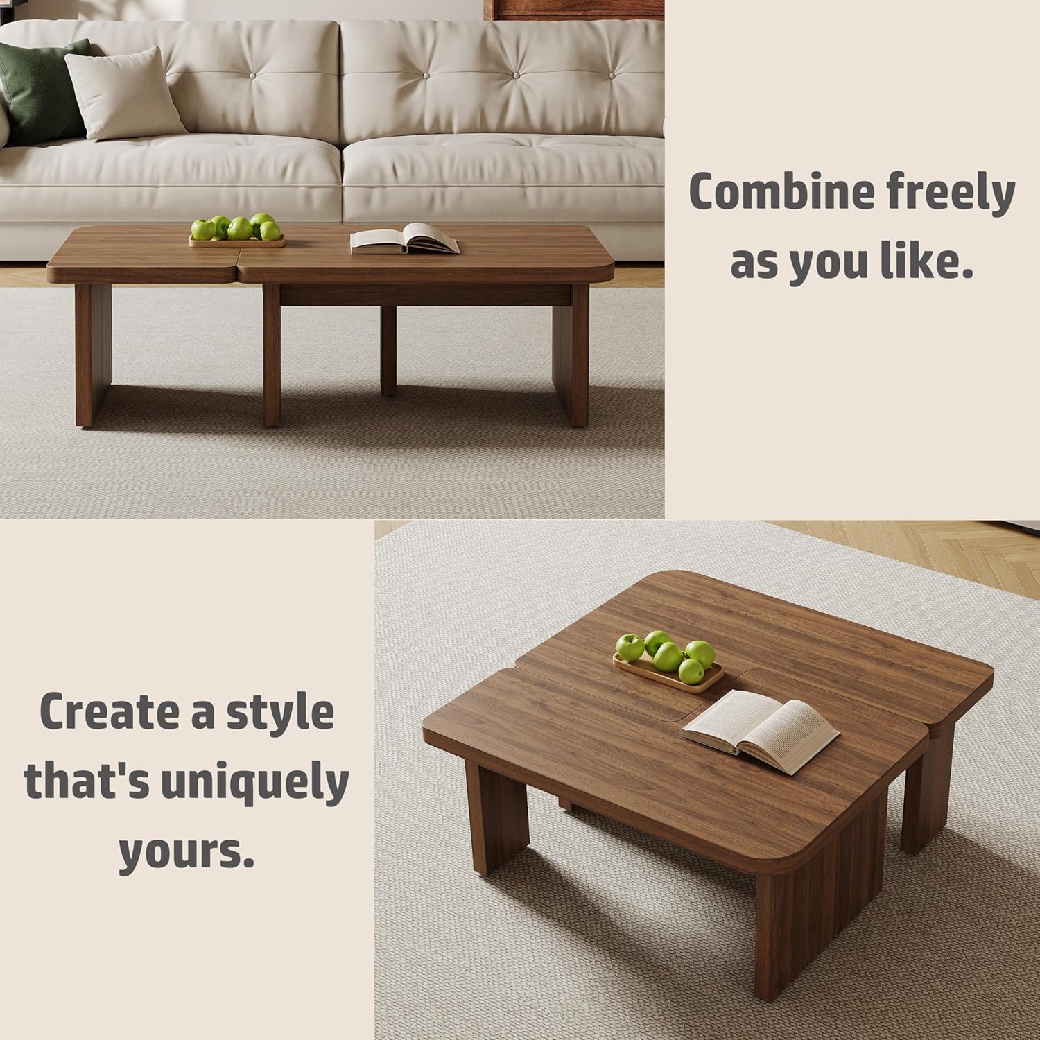 Mid Century Modern Coffee Table for Living Room, Wood Coffee Table with Free Adjustable Shape, Square Living Room Table Minimalist Tea Table, Brown Nesting Table Set of 2