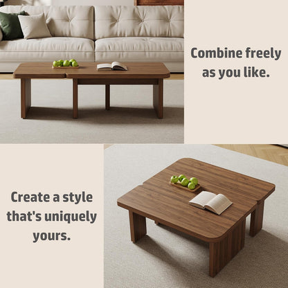 Mid Century Modern Coffee Table for Living Room, Wood Coffee Table with Free Adjustable Shape, Square Living Room Table Minimalist Tea Table, Brown Nesting Table Set of 2