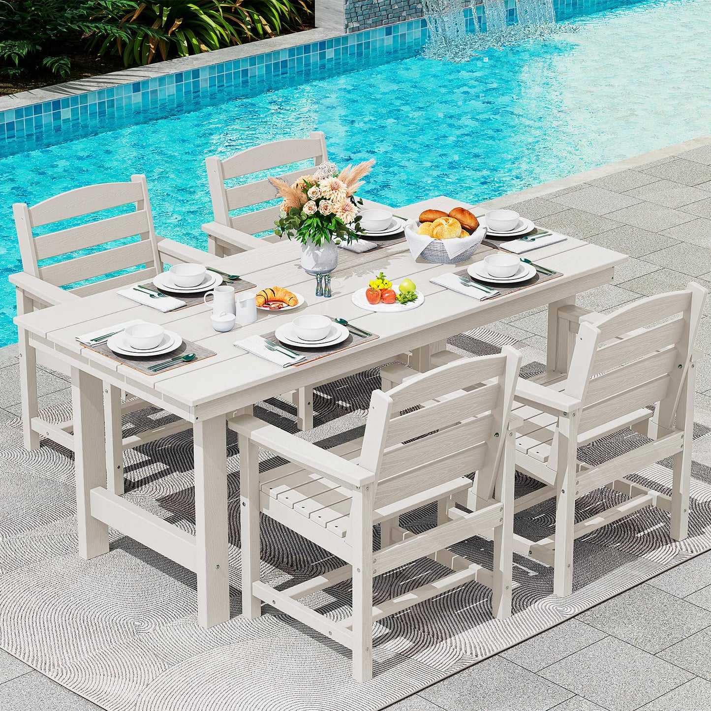 SERWALL Outdoor HDPE Dining Table Set, 7-Piece Outdoor Dining Table Sets with Umbrella Hole Cut-Out Table and 6 Chairs, Gray