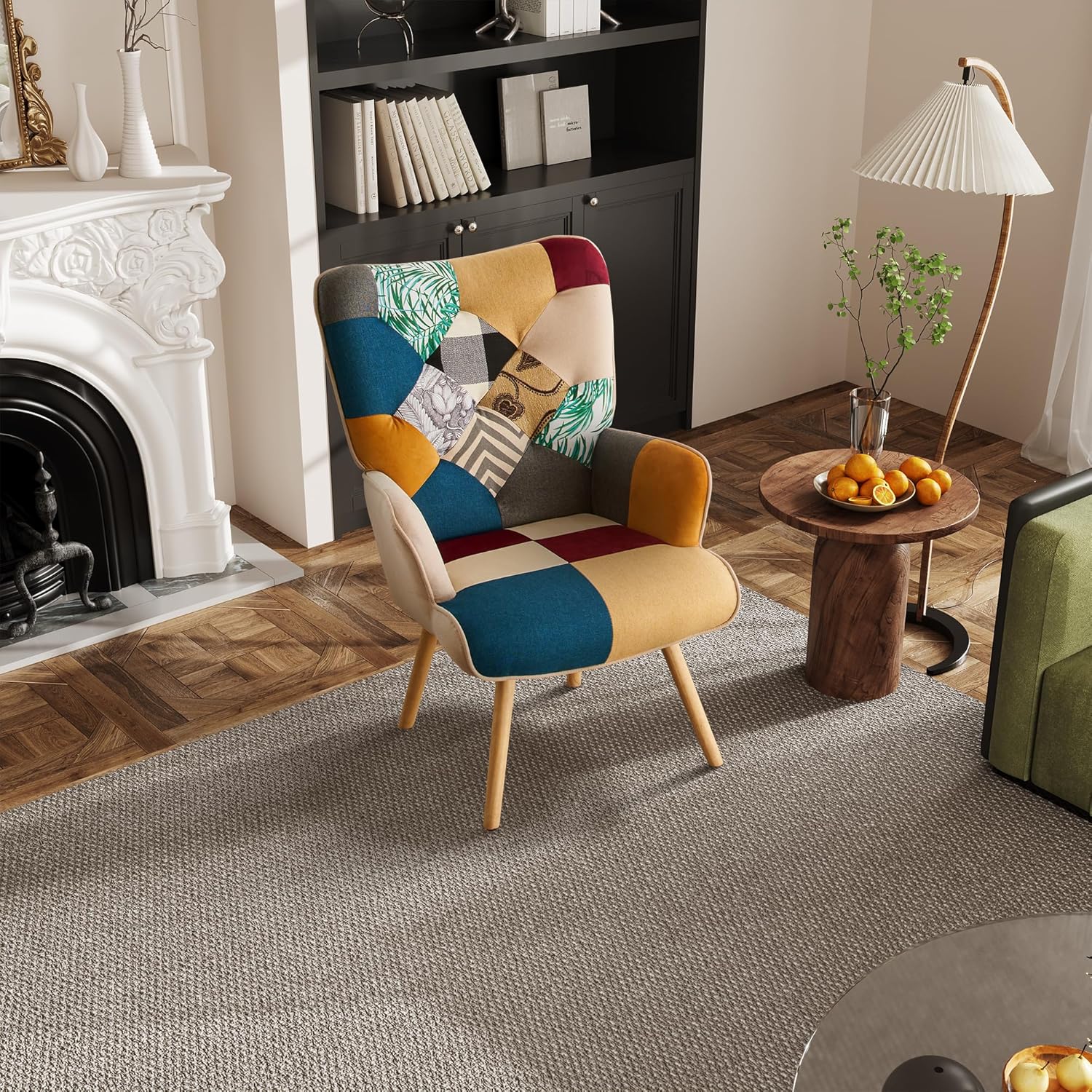 Accent Chair, Living Room Chair, Modern High Back Armchair, Colorful Patchwork Reading Chairs for Bedroom, Lounge Chair with Linen Fabric Shell and Solid Wood Feets (1, Colorful)