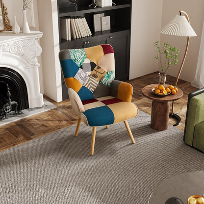 Accent Chair, Living Room Chair, Modern High Back Armchair, Colorful Patchwork Reading Chairs for Bedroom, Lounge Chair with Linen Fabric Shell and Solid Wood Feets (1, Colorful)