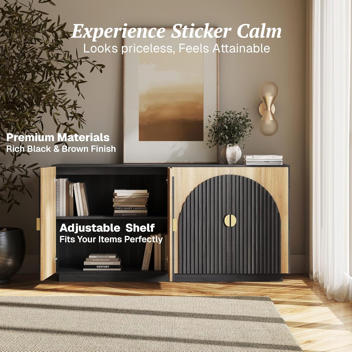 BELLEZE 65 Inch Fluted Buffet Cabinet with Storage, Symmetrical Arc Accent Sideboard Large Console Table for Dining Room, Kitchen, and Living Room (Camel)