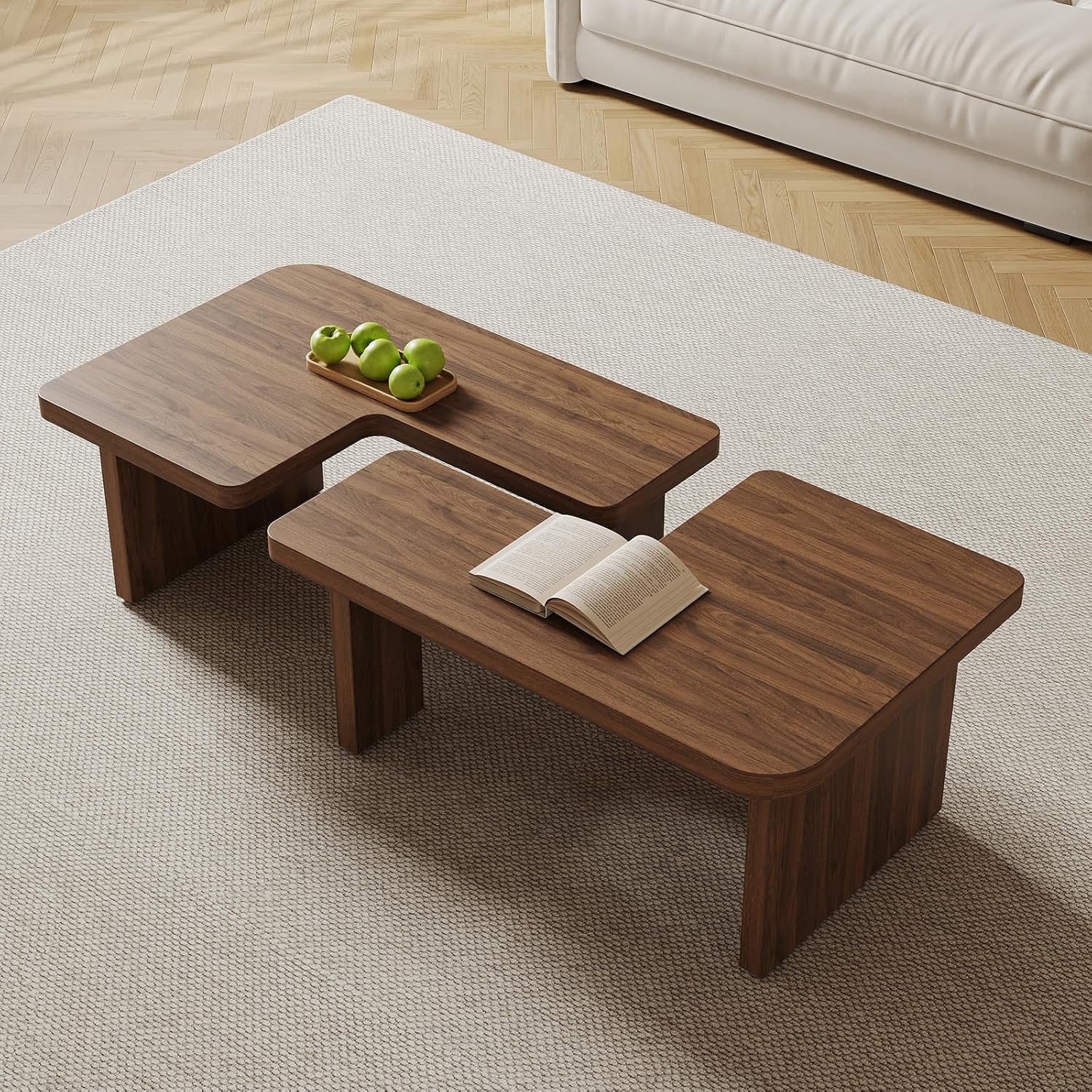 Mid Century Modern Coffee Table for Living Room, Wood Coffee Table with Free Adjustable Shape, Square Living Room Table Minimalist Tea Table, Brown Nesting Table Set of 2