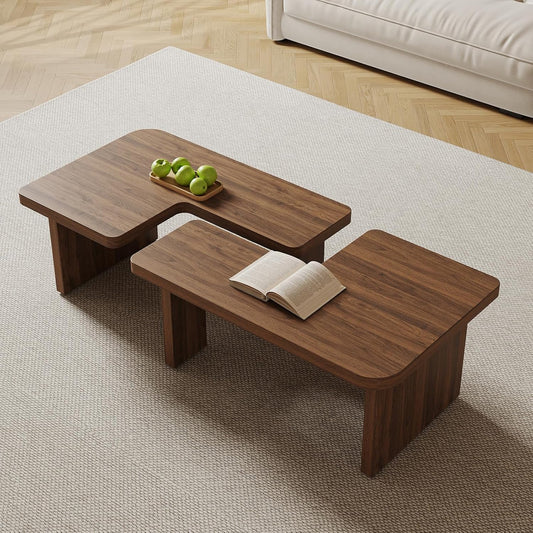Mid Century Modern Coffee Table for Living Room, Wood Coffee Table with Free Adjustable Shape, Square Living Room Table Minimalist Tea Table, Brown Nesting Table Set of 2