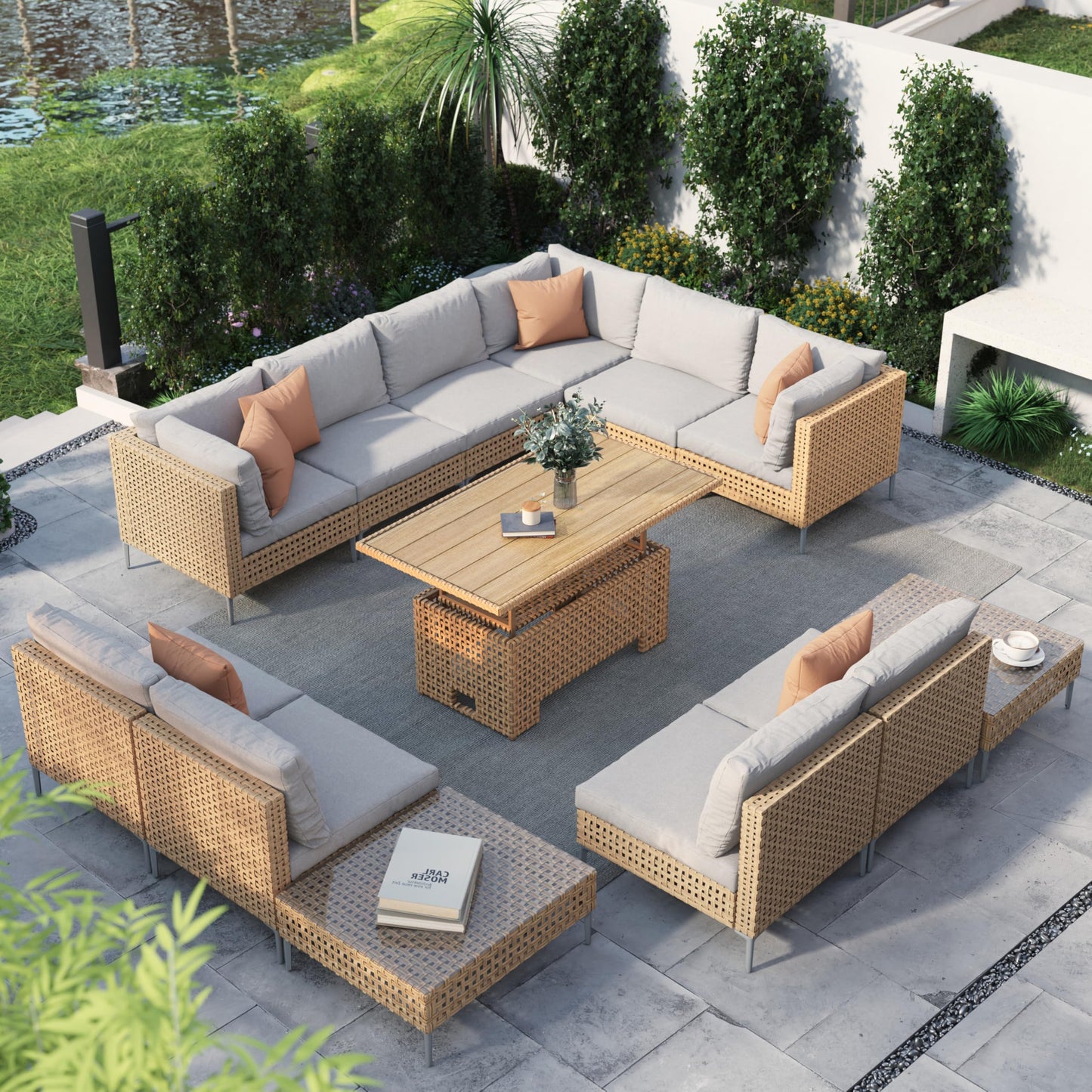 Grand patio 7-Piece Wicker Patio Furniture Set, Boho Outdoor Conversation Set Sectional Sofa with Water Resistant Thick Cushions and Coffee Table, Cream