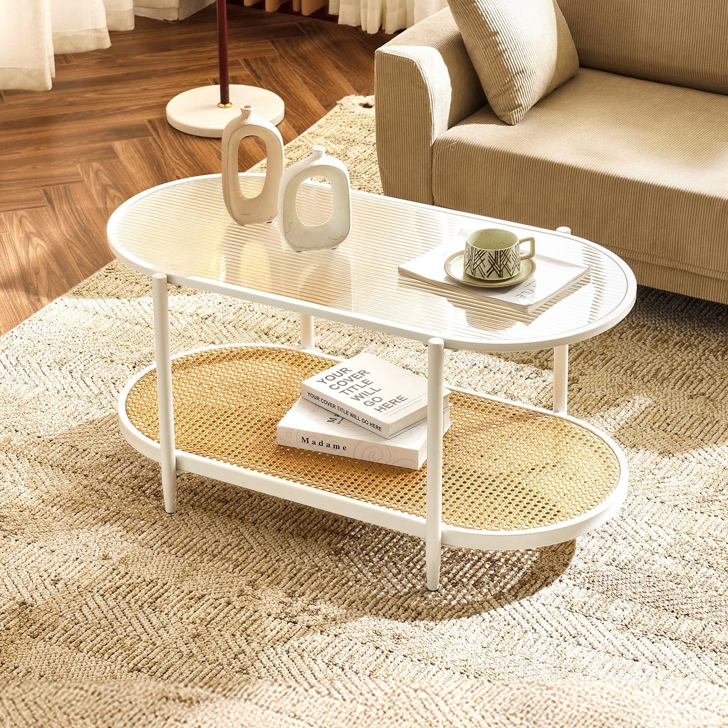 VINGLI 25.6" Rattan Coffee Table, Round Water-Wave Glass Metal Center Table, Modern Coffee Table with 2-Tier Storage, Farmhouse Circular Table for Living Room and Small Space, Natural Vibe