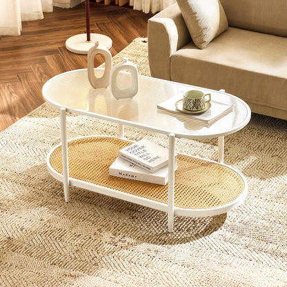 VINGLI 25.6" Rattan Coffee Table, Round Water-Wave Glass Metal Center Table, Modern Coffee Table with 2-Tier Storage, Farmhouse Circular Table for Living Room and Small Space, Natural Vibe