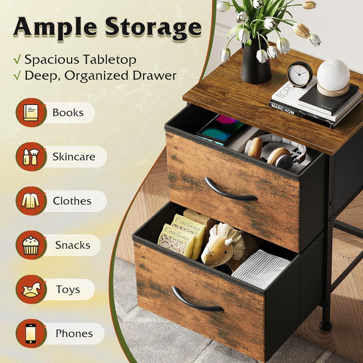 WLIVE Night Stand, Small 2 Drawer Dresser, Nightstand with Fabric Bins for Bedroom, Closet, Dorm, Rustic Brown Wood Grain Print, 11.8" D x 15.7" W x 20.9" H