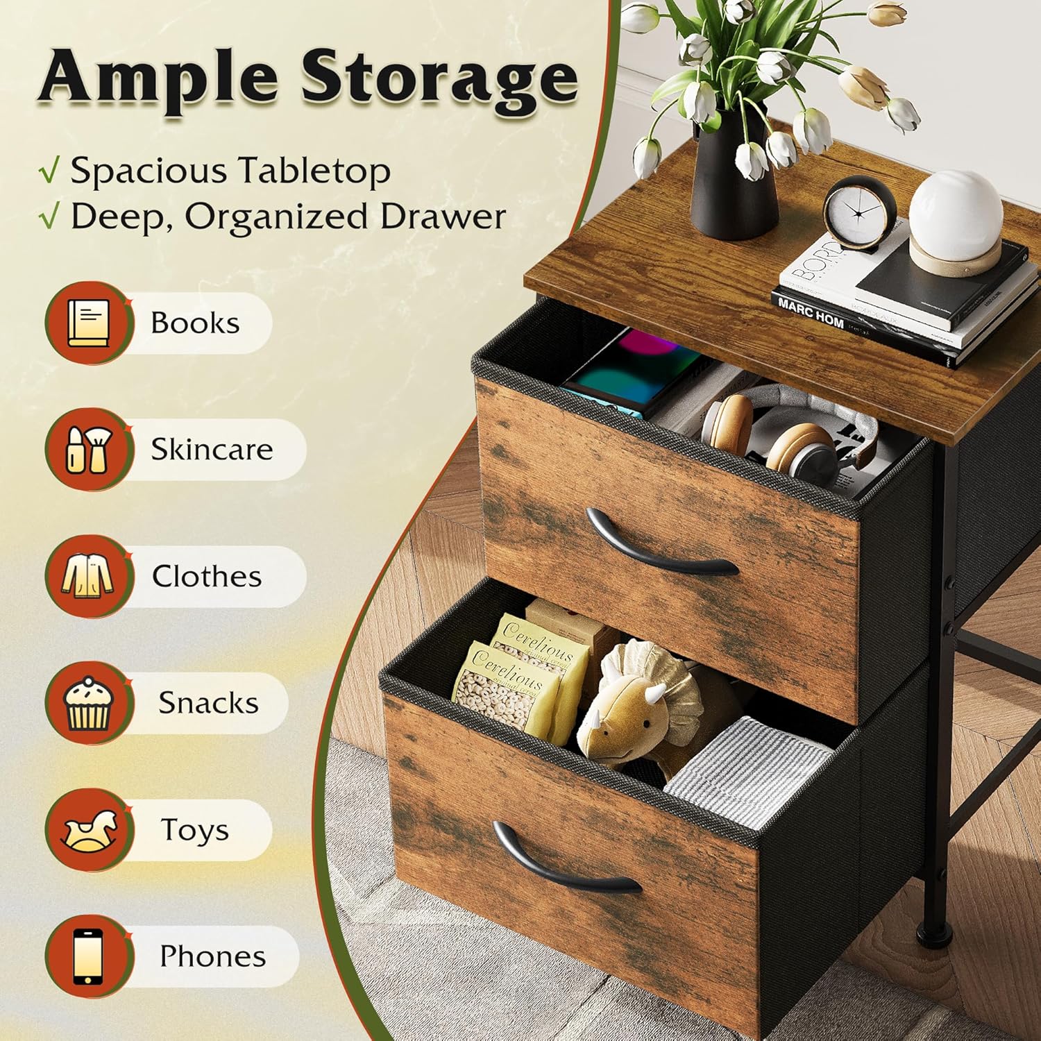 WLIVE Night Stand, Small 2 Drawer Dresser, Nightstand with Fabric Bins for Bedroom, Closet, Dorm, Rustic Brown Wood Grain Print, 11.8" D x 15.7" W x 20.9" H