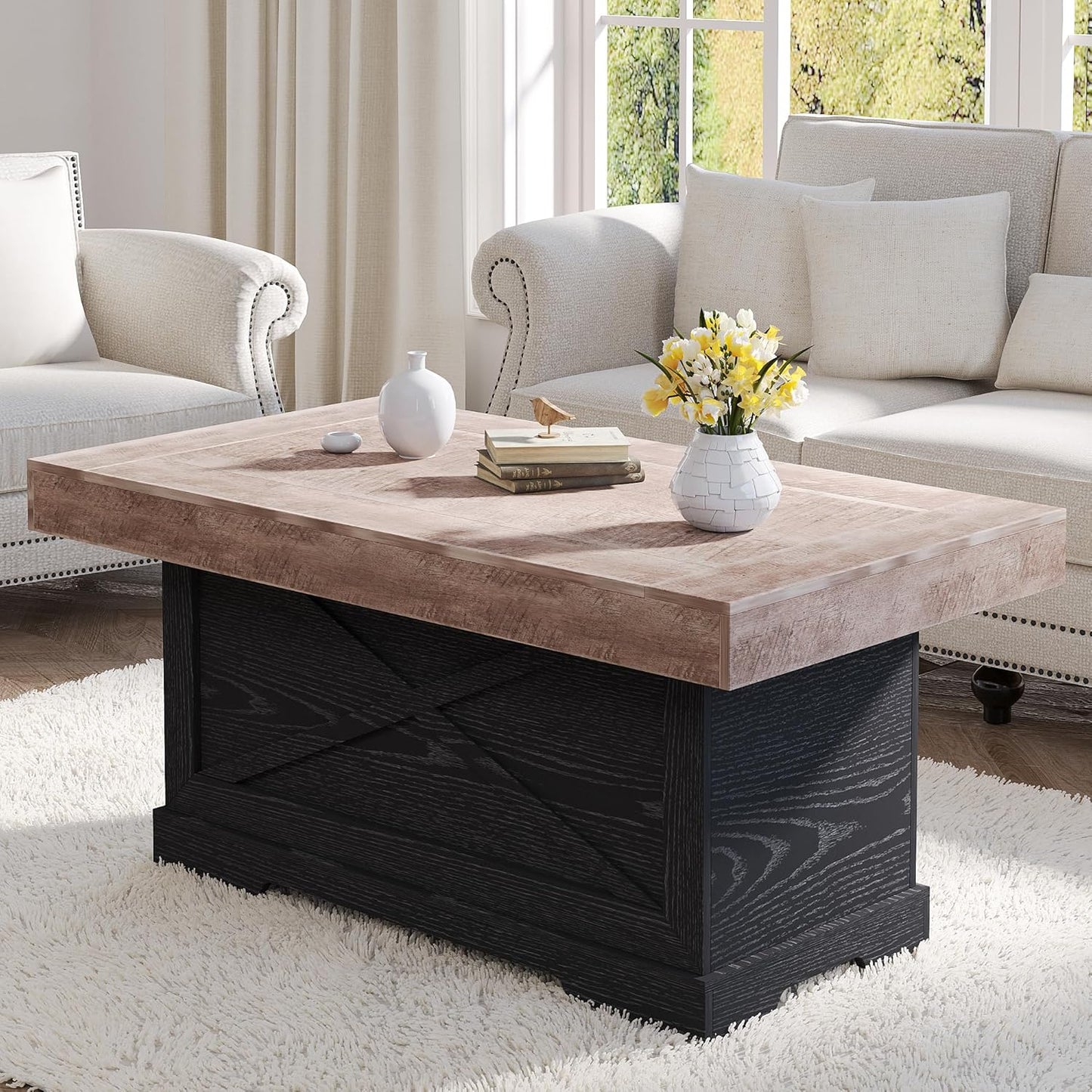 Coffee Table 39 in Rustic Center Table with X-Design Wooden Pedestal for Living Room, Space Saving, Rectangle Home Office Tea Accent Table for Apartment, Dark Oak Black