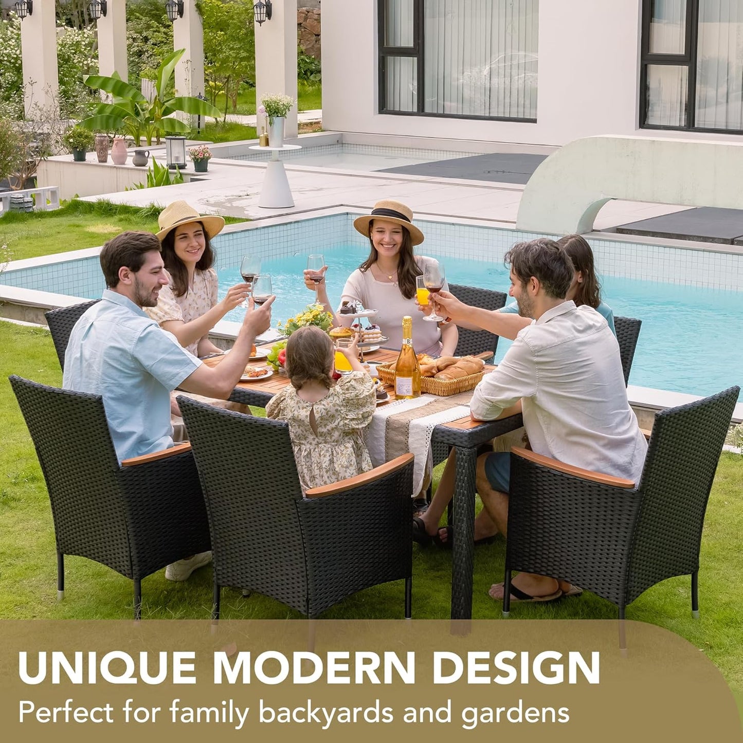 Devoko Dining 7 PCS Furniture, Patio Conversation Set with Acacia Wood Table Top, Outdoor, Beige Cushion and Black Rattan
