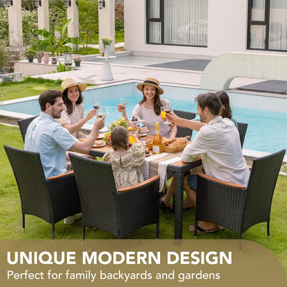 Devoko Dining 7 PCS Furniture, Patio Conversation Set with Acacia Wood Table Top, Outdoor, Beige Cushion and Black Rattan