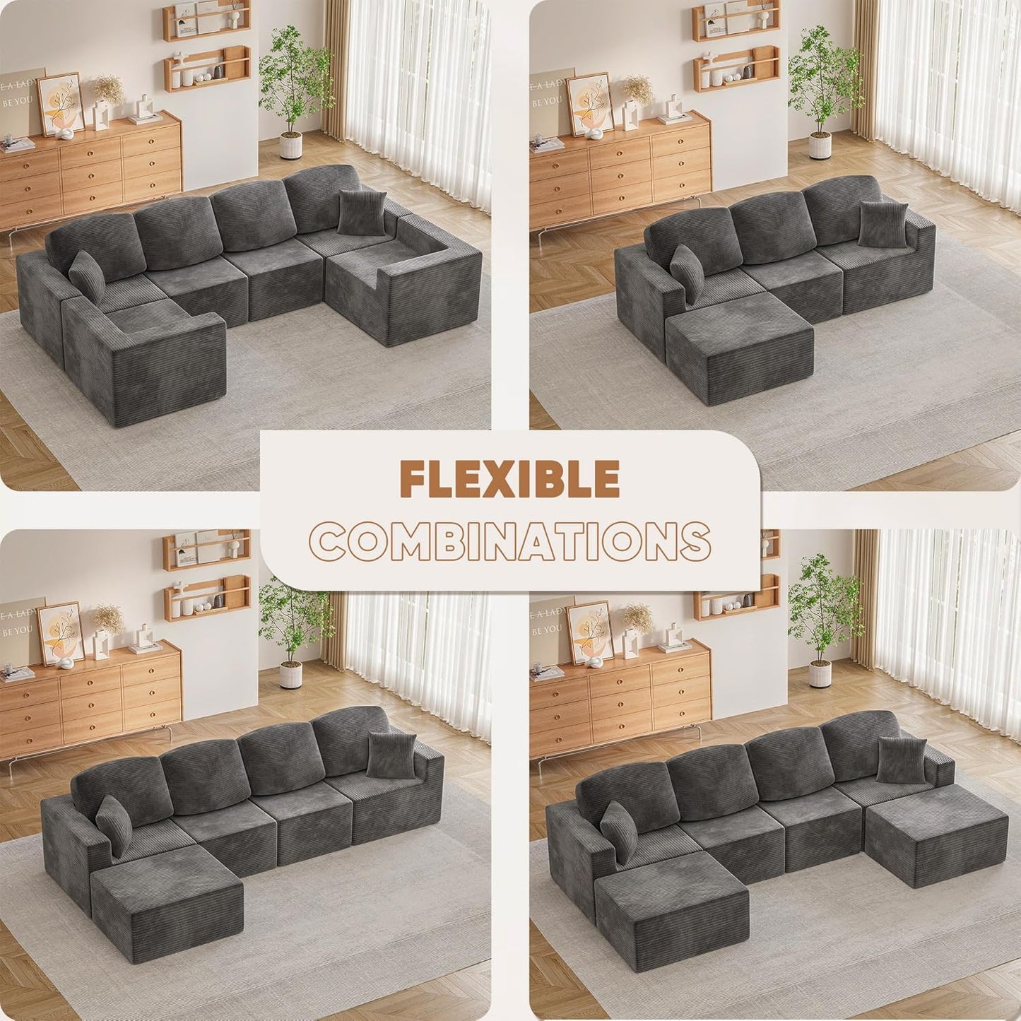 Homall 126" Modern Fabric Boneless Couch with Deep Seat, Sectional Couches for Living Room, Upholstered Cloud Sofa with 2 Ottoman, No Assembly Required (Dark Grey, U Shaped Sofa)