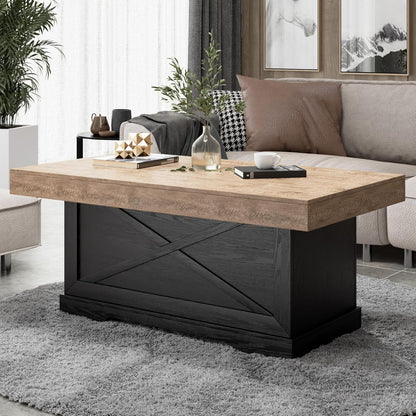 Coffee Table 39 in Rustic Center Table with X-Design Wooden Pedestal for Living Room, Space Saving, Rectangle Home Office Tea Accent Table for Apartment, Dark Oak Black