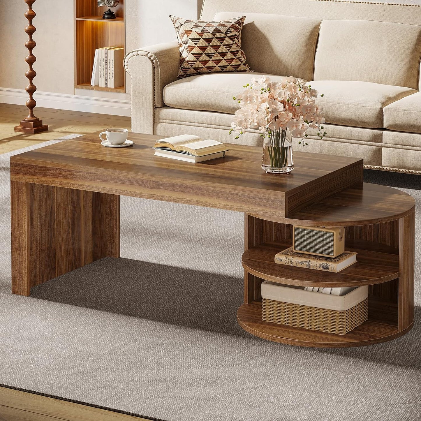 Tribesigns Coffee Table with Storage, 51-Inch Farmhouse Living Room Center Table with 3 Storage Shelves for Living Room,Home Office, Easy Assembly, Rustic Brown