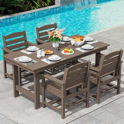 SERWALL Outdoor HDPE Dining Table Set, 7-Piece Outdoor Dining Table Sets with Umbrella Hole Cut-Out Table and 6 Chairs, Gray