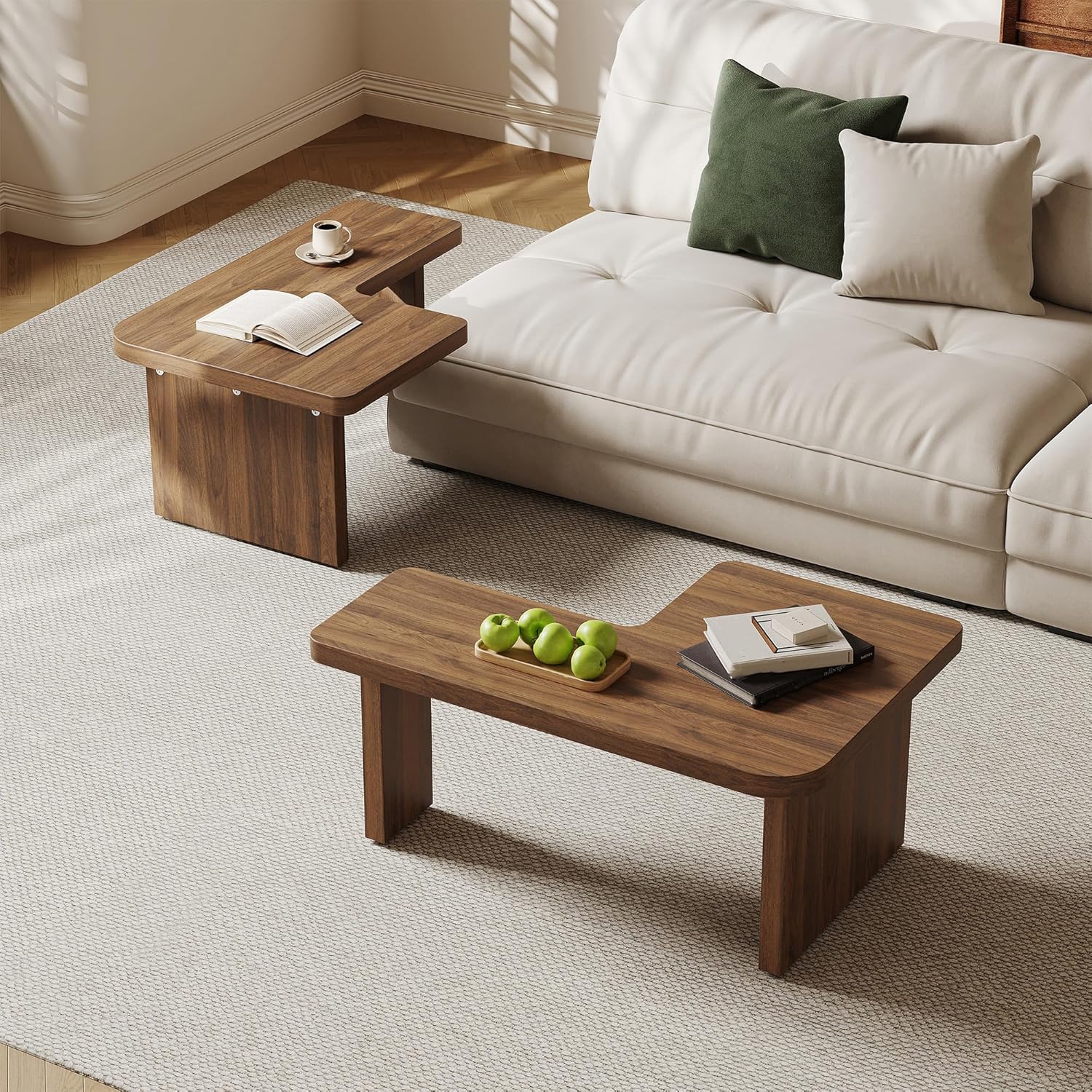 Mid Century Modern Coffee Table for Living Room, Wood Coffee Table with Free Adjustable Shape, Square Living Room Table Minimalist Tea Table, Brown Nesting Table Set of 2