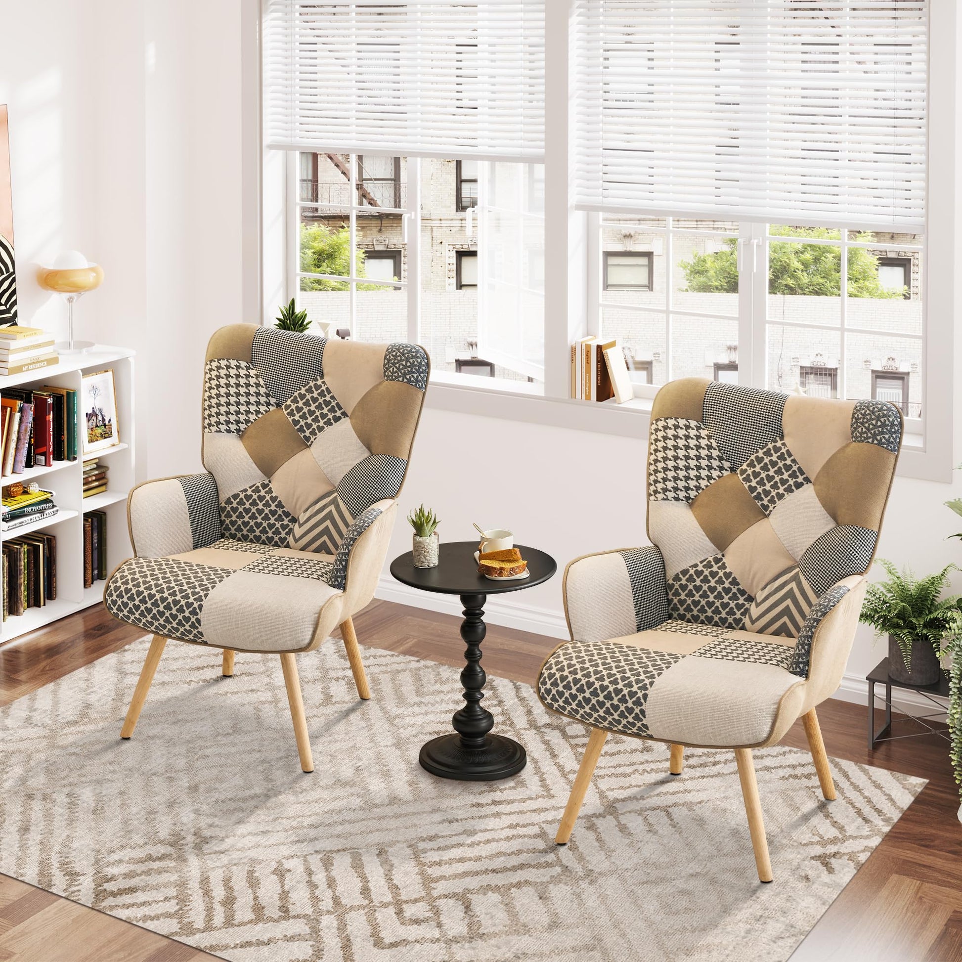 Accent Chair, Living Room Chair, Modern High Back Armchair, Colorful Patchwork Reading Chairs for Bedroom, Lounge Chair with Linen Fabric Shell and Solid Wood Feets (1, Colorful)