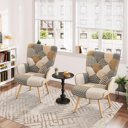 Accent Chair, Living Room Chair, Modern High Back Armchair, Colorful Patchwork Reading Chairs for Bedroom, Lounge Chair with Linen Fabric Shell and Solid Wood Feets (1, Colorful)