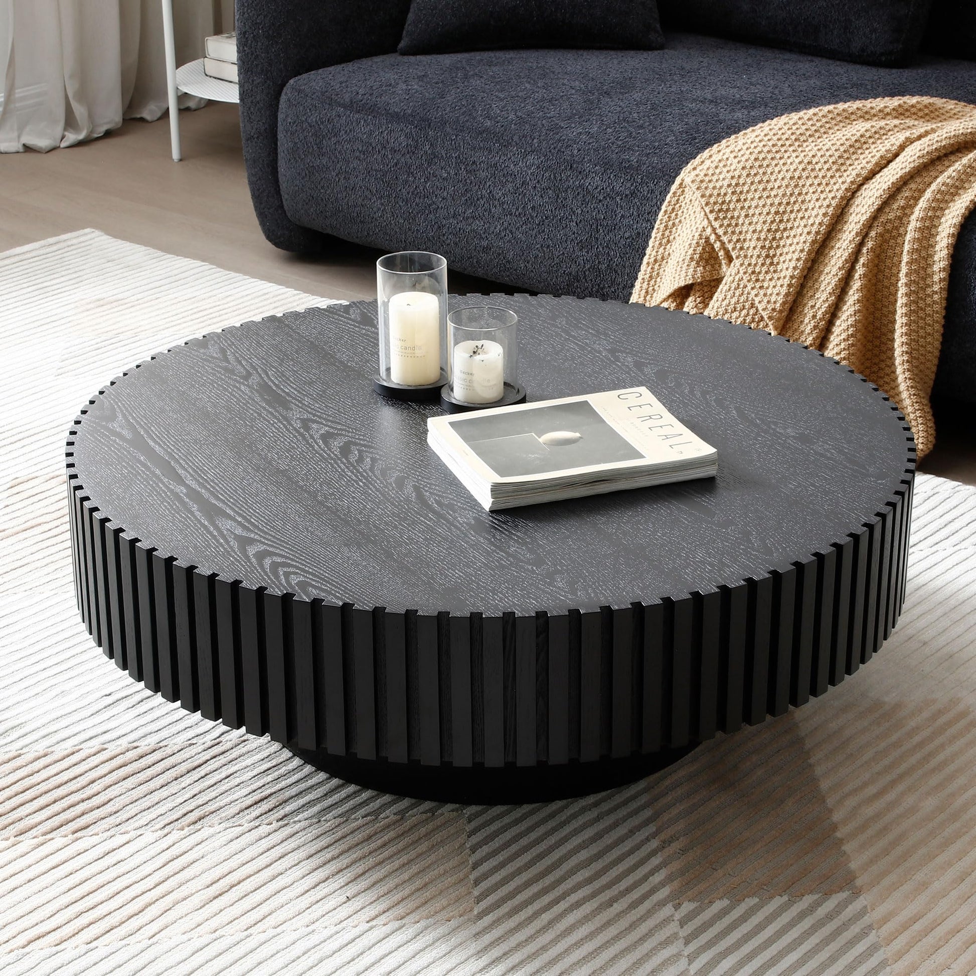 Round Coffee Table with Storage, Modern Wooden Coffee Table with Solid Wood Veneered, Circle Center Table Accent Tea Table for Living Room Apartment Small Space (31.5''L × 31.5''W × 14''H, Natural)