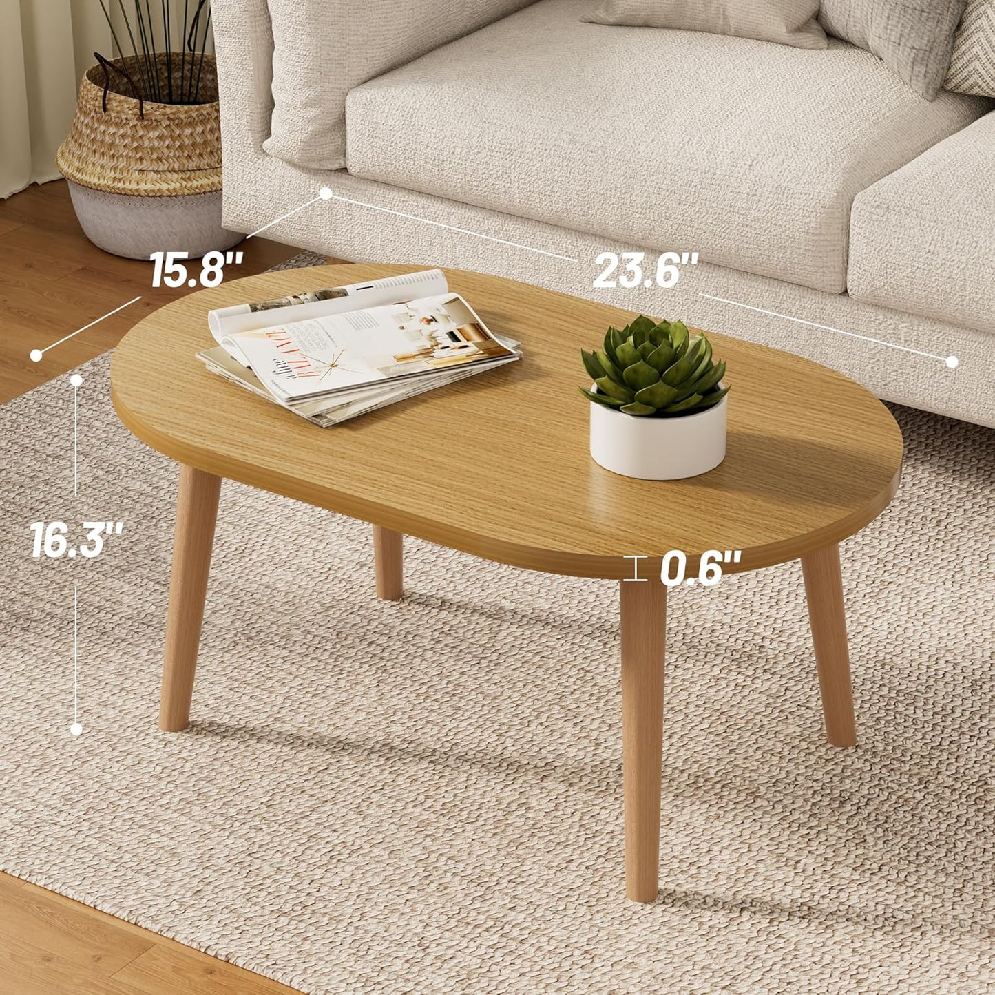 Coffee Table Low Table with Solid Wood Legs, Small Oval Coffee Table Side Table, Floor Table Desk for Sitting on The Floor, Storage and Living Room Furniture for Office Apartment Home, Natural