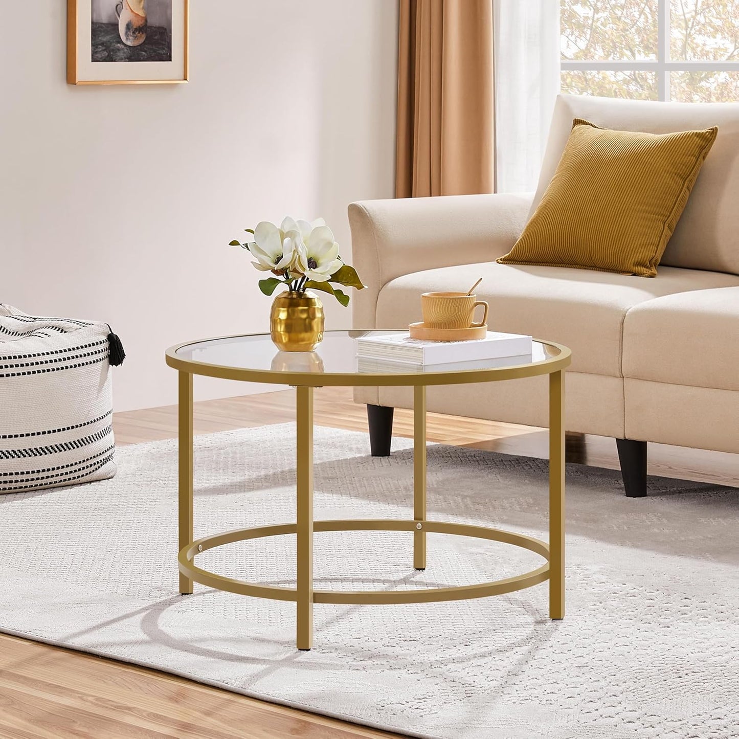 Yaheetech Gold Glass Coffee Table for Living Room, 27.6" Round Glass Coffee Table with Metal Frame, Circle Coffee Table for Home, Office, Apartment