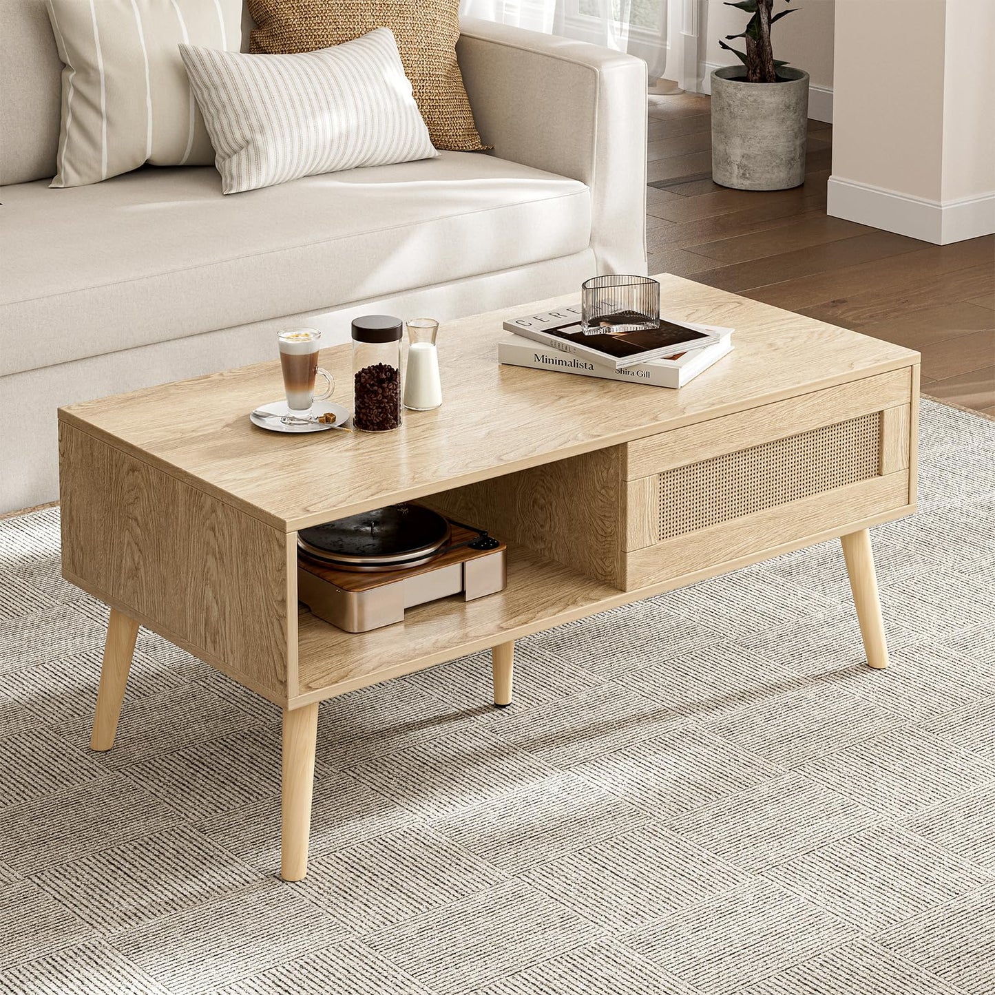 Coffee Table with Storage, Boho Dining Table with Rattan Drawer and Solid Wood Legs, Small Coffee Tables for Living Room, Walnut