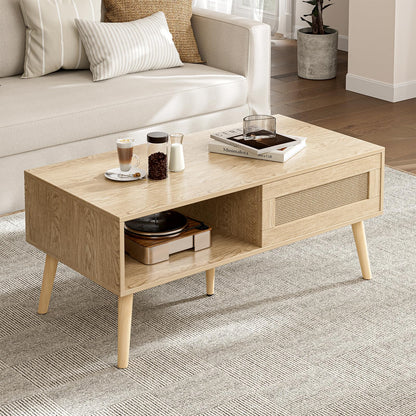 Coffee Table with Storage, Boho Dining Table with Rattan Drawer and Solid Wood Legs, Small Coffee Tables for Living Room, Walnut