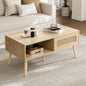 Coffee Table with Storage, Boho Dining Table with Rattan Drawer and Solid Wood Legs, Small Coffee Tables for Living Room, Walnut