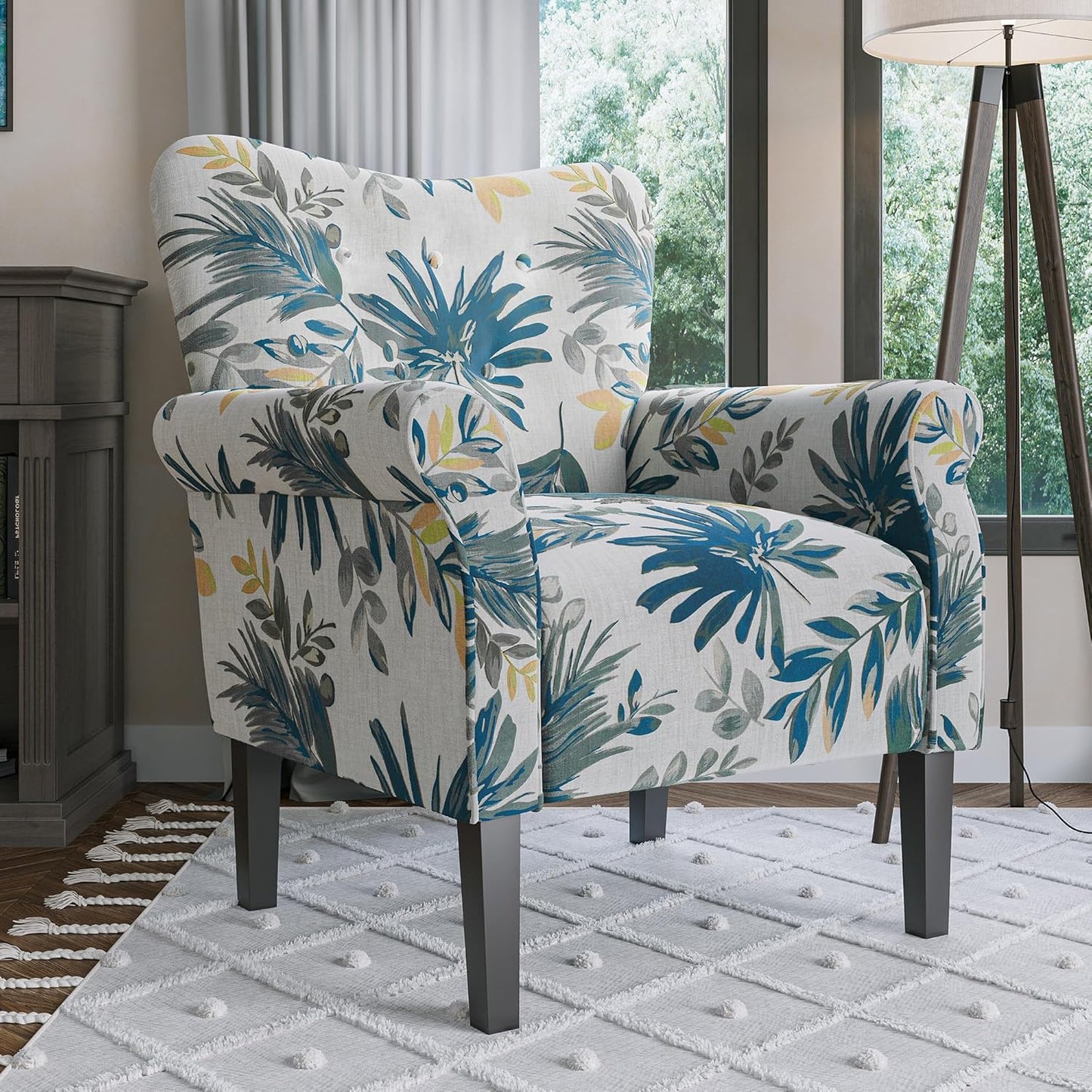 BELLEZE Modern Accent Chair, High Back Armchair, Upholstered Wingback Side Chair, Padded Single Sofa with Wooden Legs for Living Room, Bedroom - Green Blue Floral