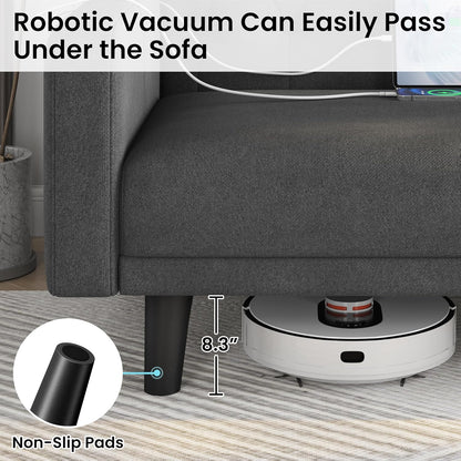 Yaheetech 63" Convertible Couch Small Futon Sofa Bed with 2 USB Ports, Reclining Backrest & Removable Armrests, Mid Century Modern Loveseat for Living Room, Apartment, Office, Dark Gray