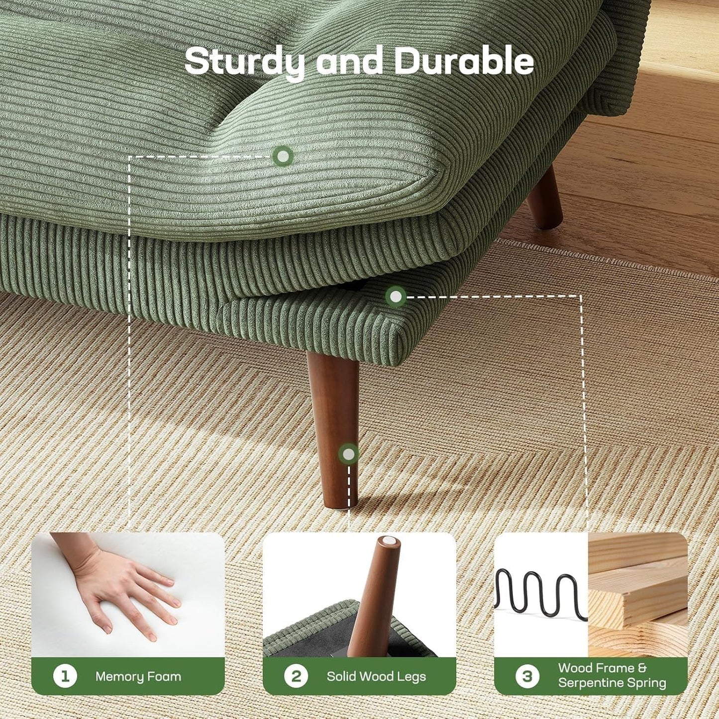 Marsail Futon Sofa Bed, Futon Couch with Adjustable Backrest & Armrests, Convertible Small Sleeper Sofa Bed for Small Apartments, Study Room, Office, Corduroy Loveseat, Green
