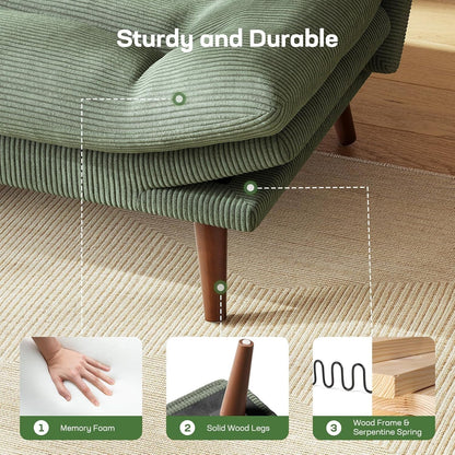Marsail Futon Sofa Bed, Futon Couch with Adjustable Backrest & Armrests, Convertible Small Sleeper Sofa Bed for Small Apartments, Study Room, Office, Corduroy Loveseat, Green