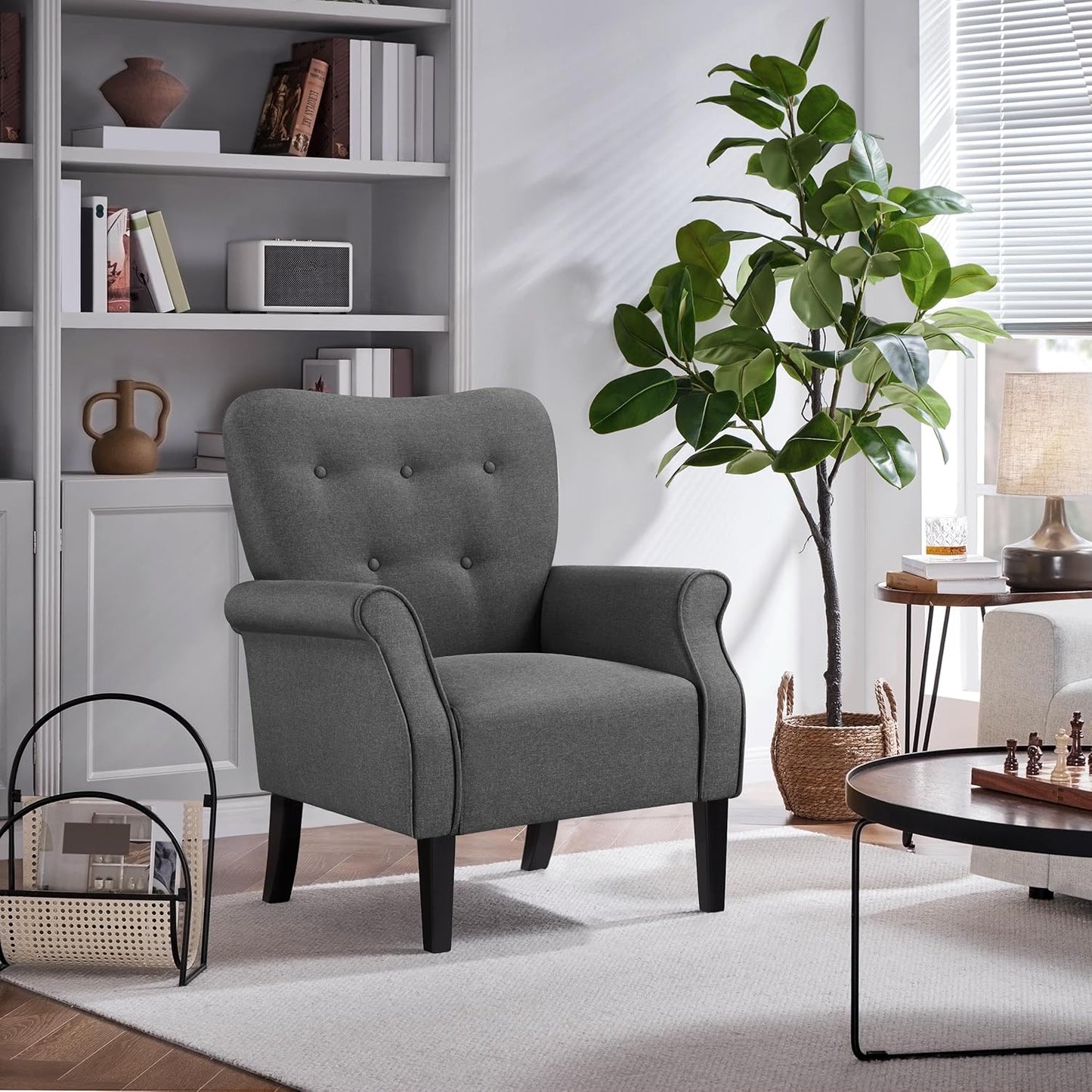 Yaheetech Wingback Chair Modern Wooden Legs Armchair Upholstered TV Chair with Armrests Single Sofa Seat Comfort Dark Grey