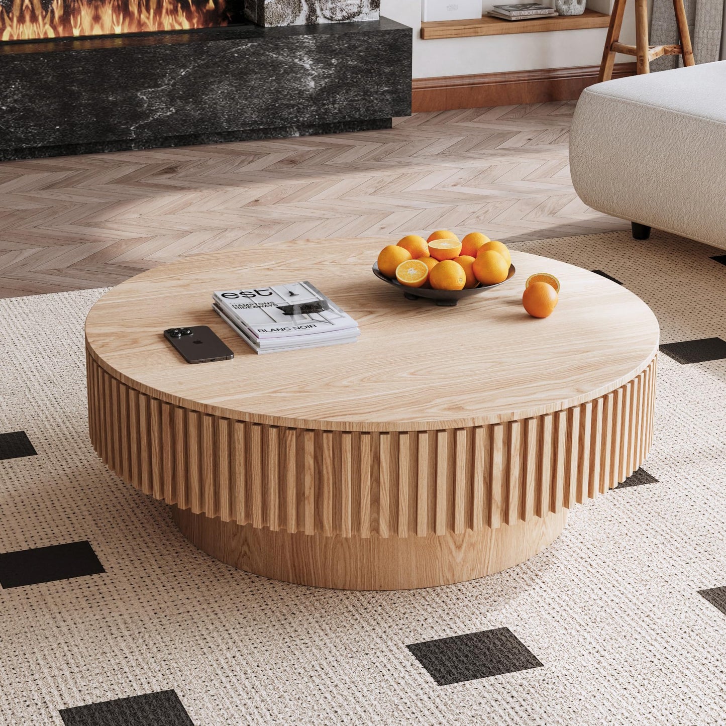 Round Coffee Table with Storage, Modern Wooden Coffee Table with Solid Wood Veneered, Circle Center Table Accent Tea Table for Living Room Apartment Small Space (31.5''L × 31.5''W × 14''H, Natural)